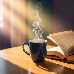 A comfortable, calming interior scene featuring warm beverages and reading material, signifying freedom and restorative leisure time at home, cozy, domestic, Weekend