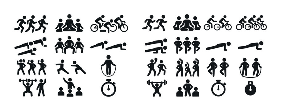 Set of fitness icons depicting exercise activities and sports