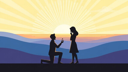 Fototapeta premium Man Proposing to Woman at Sunset on Mountain Hill, Silhouette Illustration
