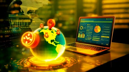 Global ecommerce analytics workspace with glowing world model and dashboard charts showing online sales performance customer insights and digital trade growth - Powered by Adobe