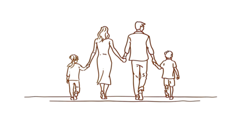 Black background with sketched family of four walking hand in hand. Brown outlines