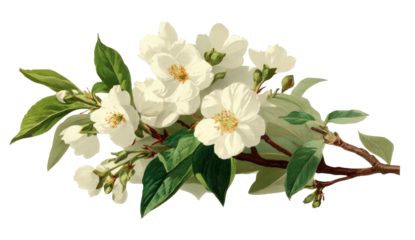 Delicate botanical illustration featuring white blossoms, green leaves, and a brown branch