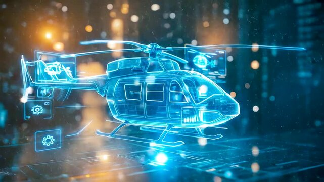 Digital helicopter model with data overlays flying above city environment showing aerial transport monitoring analytics and advanced aviation technology