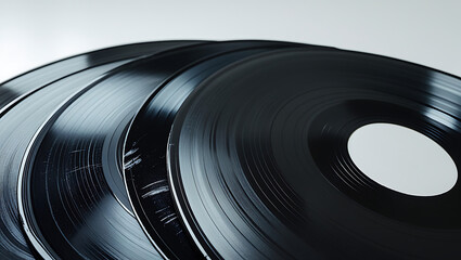 A close-up of rotating vinyl records, showing concentric grooves and a glossy sheen, 32K Resolution