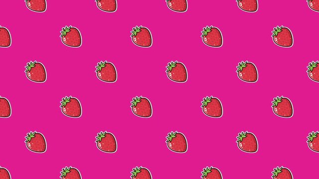 An energetic motion graphic showing a rhythmic grid of delicious strawberries. This playful animation serves as a perfect backdrop for candy shops, fruit brands, or kitchen-themed videos
