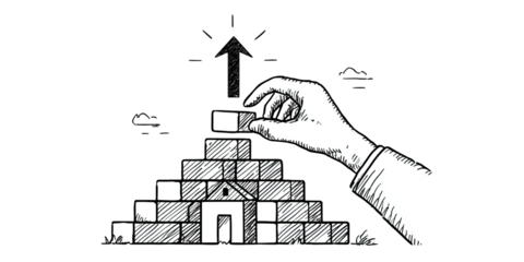 Black and white illustration of a hand placing a block atop a structure with an upward arrow
