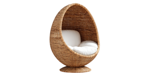 A cozy wicker egg-shaped chair with a white cushion against a stark black background