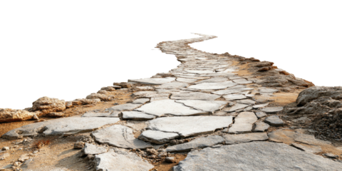 A winding stone path leads upwards, with a black background and rough textures and edges
