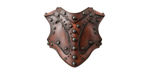 A close-up shot of a leather armor breastplate with metal studs on a black background
