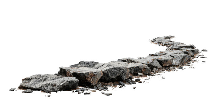 A winding row of roughly hewn, gray rocks, slightly shadowed, against a transparent background