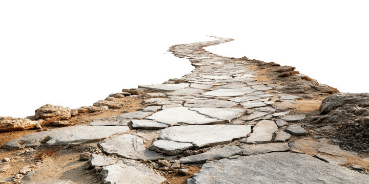 A winding stone path leads upwards, with a black background and rough textures and edges