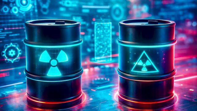 Industrial radioactive waste barrels with hazard symbols inside a high tech control environment showing energy safety monitoring and risk management systems
