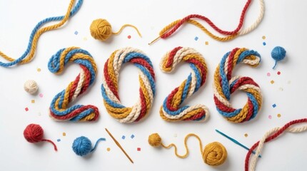 Obraz premium 2026 crochet yarn texture on clean white background playful celebratory composition perfect for new year posters cards and social media templates