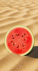Bright red, ripe circular watermelon slice resting on a hot sandy beach, symbolizing refreshing tropical summer enjoyment and healthy food, ripe, delicious, dessert