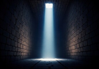 Brilliant spiritual light illuminates the darkness of an empty stone chamber at dawn, symbolizing hope and the profound resurrection event, religious, faith, revival