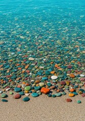 Clear turquoise ocean water slowly washes over an intricate tapestry of smooth, multicolored beach pebbles along the sandy shore, surface, water, turquoise