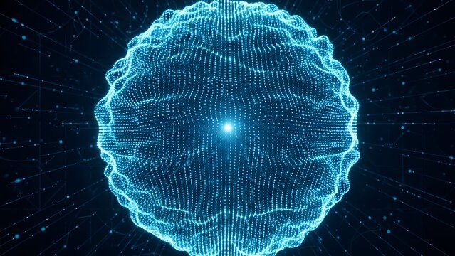 Abstract digital sphere of glowing blue particles representing data flow and technology - Powered by Adobe