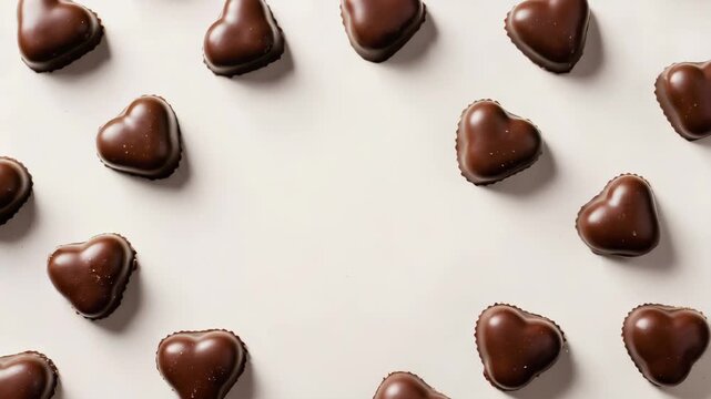 Delicious heart shaped chocolate candies arranged in a pattern on a white surface. A romantic sweet dessert for valentine's day or an anniversary gift. Panoramic web banner for confectionery