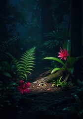 Deep shadows cover the jungle floor, revealing a humid, vibrant ecosystem under the blanket of the tropical night sky, evening, travel, peaceful