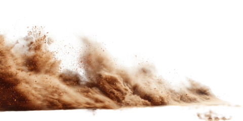A dynamic, textured image showcases a cloud of sand or dust against a black background