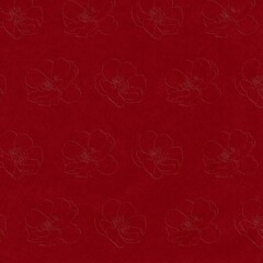 Seamless minimal floral line pattern with delicate flower outlines on deep red textured background. Rich elegant botanical design for luxury wallpaper and decor.