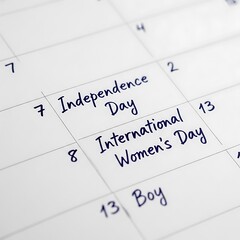 Obraz premium Close up of a calendar highlighting independence day international womens day and other dates