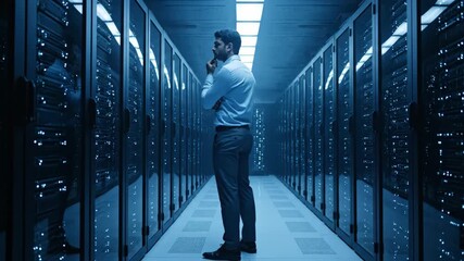 An IT professional in a modern data center observes server racks, contemplating network infrastructure.