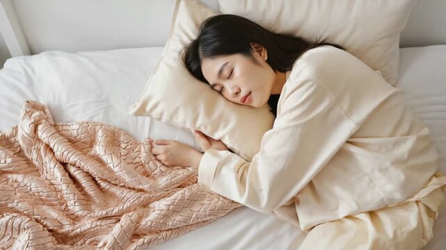 Beautiful young asian female enjoying a restful sleep in a cozy bedroom with soft bedding. Healthy lifestyle concept for deep relaxation, stress relief and mental wellness