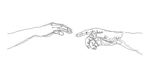 Two hands reaching out, forming a connection against a stark black background