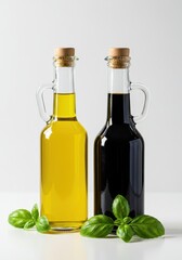 Glass bottles of premium olive oil and dark balsamic vinegar standing next to fresh green basil leaves on a white background, tabletop, diet, Olive oil