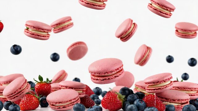 Falling pink macarons with fresh strawberries and blueberries creating a delicious pile. Sweet french dessert ingredients in motion for a confectionery or bakery advertisement