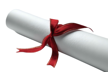 A rolled parchment scroll tied with a red ribbon, isolated on a transparent background