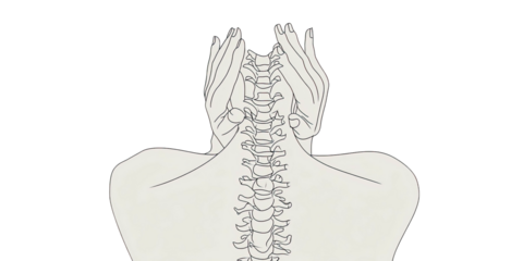 A skeletal illustration depicts a person's upper back, neck, and hands positioned at the back of the head