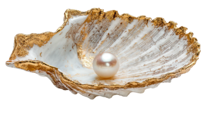 Close-up of a lustrous pearl nestled within a decorative seashell with gold trim