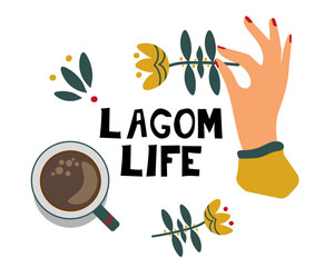 Lagom. Lagom life.&nbsp;Scandinavian poster.&nbsp;Nature and humans elements vector flat design stock illustration.