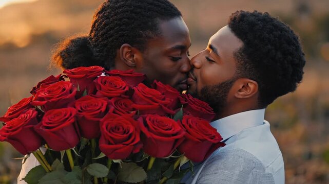 Affectionate black gay couple kissing outdoors during a romantic sunset. One man holds a large bouquet of red roses to celebrate their love and relationship