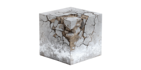 A cracked, crumbling cube of concrete shows structural failure and exposes its internal composition