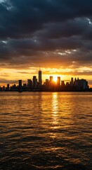Peaceful golden hour scenery across the expansive waterway, capturing the metropolitan skyline bathed in dramatic evening light, urban, bridge, sky