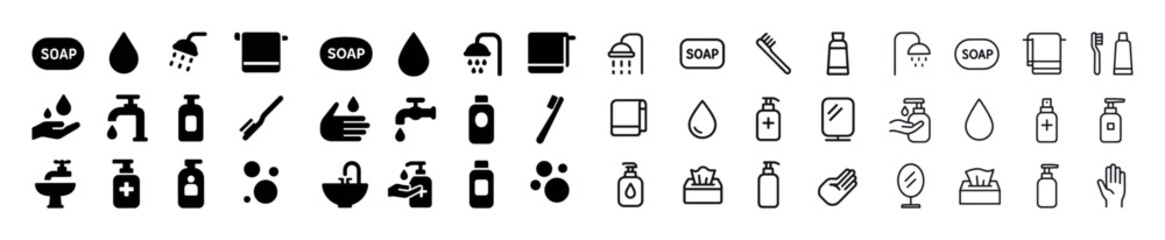 Monochrome bathroom icon set featuring soap, shower, and hygiene