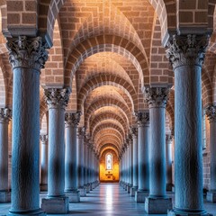 Rows of massive stone columns and intricate arches inside a historic sacred building. Repetitive hypostyle architecture creating deep perspective, classic, depth, building