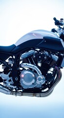 Sleek modern motorcycle isolated against a bright background, showcasing polished metallic parts and complex engine design, moto, heavy, metal