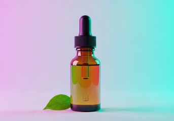 Small amber glass bottle with a pipette dropper lid, containing natural essence used for relaxation, therapeutic health, and wellness care, spa, aromatherapy, pipette