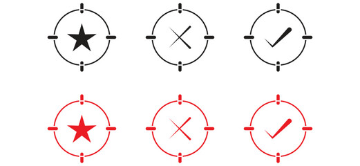 target circular icons with star and checkmark symbols, black and red web ui design elements