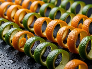 Grilled spiralized zucchini and orange slices on a barbecue