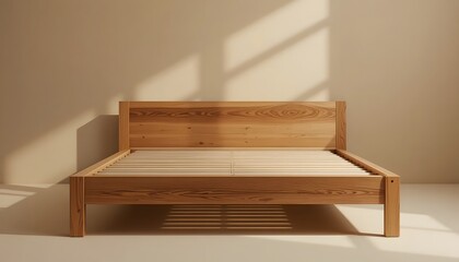 Modern wooden bed frame in minimalist room with sunlight
