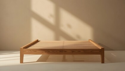 Modern wooden bed frame in minimalist room with sunlight