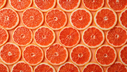 Multiple slices of pink grapefruit arranged in rows and columns. Perfect for food blogs, health articles, cocktail recipes, or fruitthemed designs.