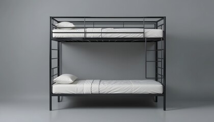 Modern black metal bunk beds with white bedding and pillows