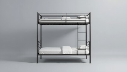 Modern black metal bunk beds with white bedding and towels