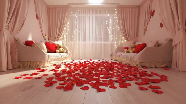 Romantic bedroom interior decorated for a special occasion. Red rose petals scattered on the wooden floor leading to a cozy bed with heart pillows and warm fairy lights